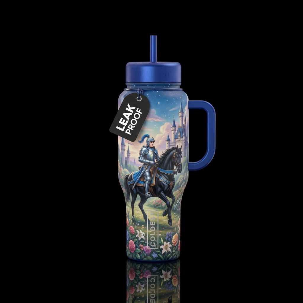 Knight on black horse in front of a castle, garden... water bottle design