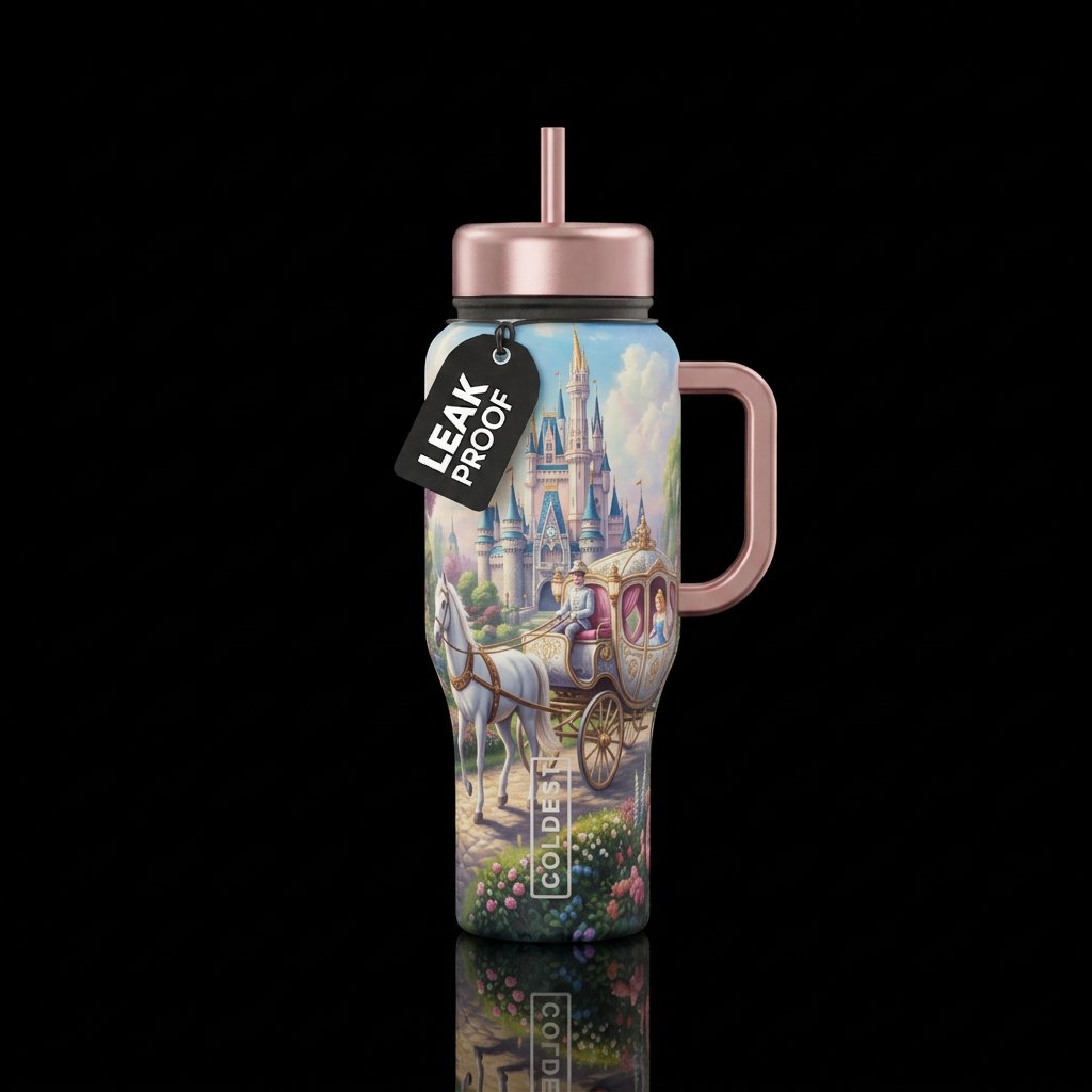 White horse pulling fancy carriage with a princess... water bottle design