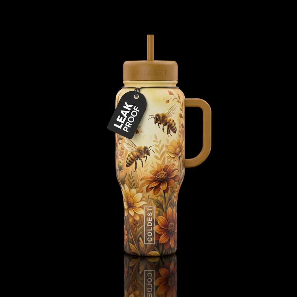 Honey bees buzzing around fall flowers, garden, dr... water bottle design