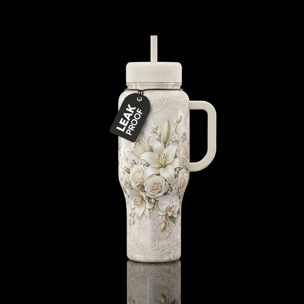 Ivory bridal brocade with lace trim, lilies, roses... water bottle design