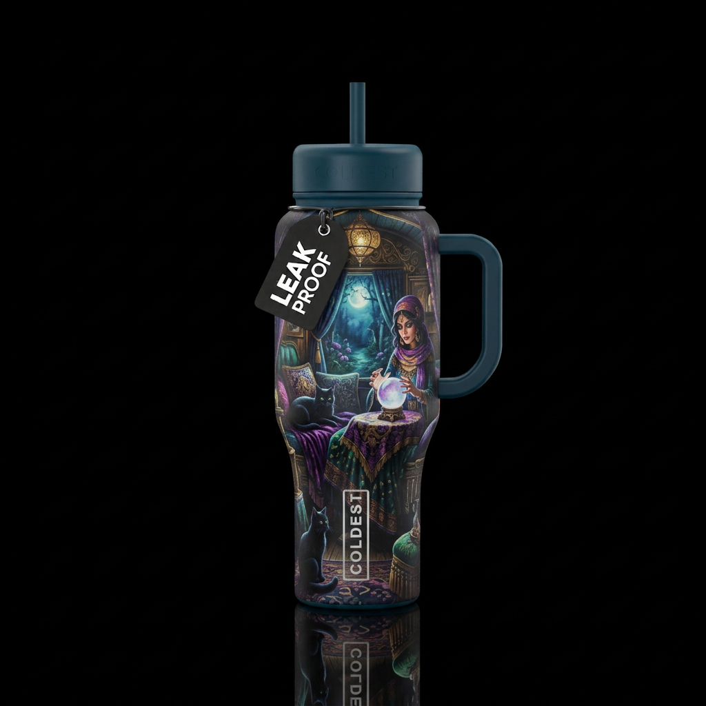Black cats, gypsy, crystal ball, inside fancy gyps... water bottle design