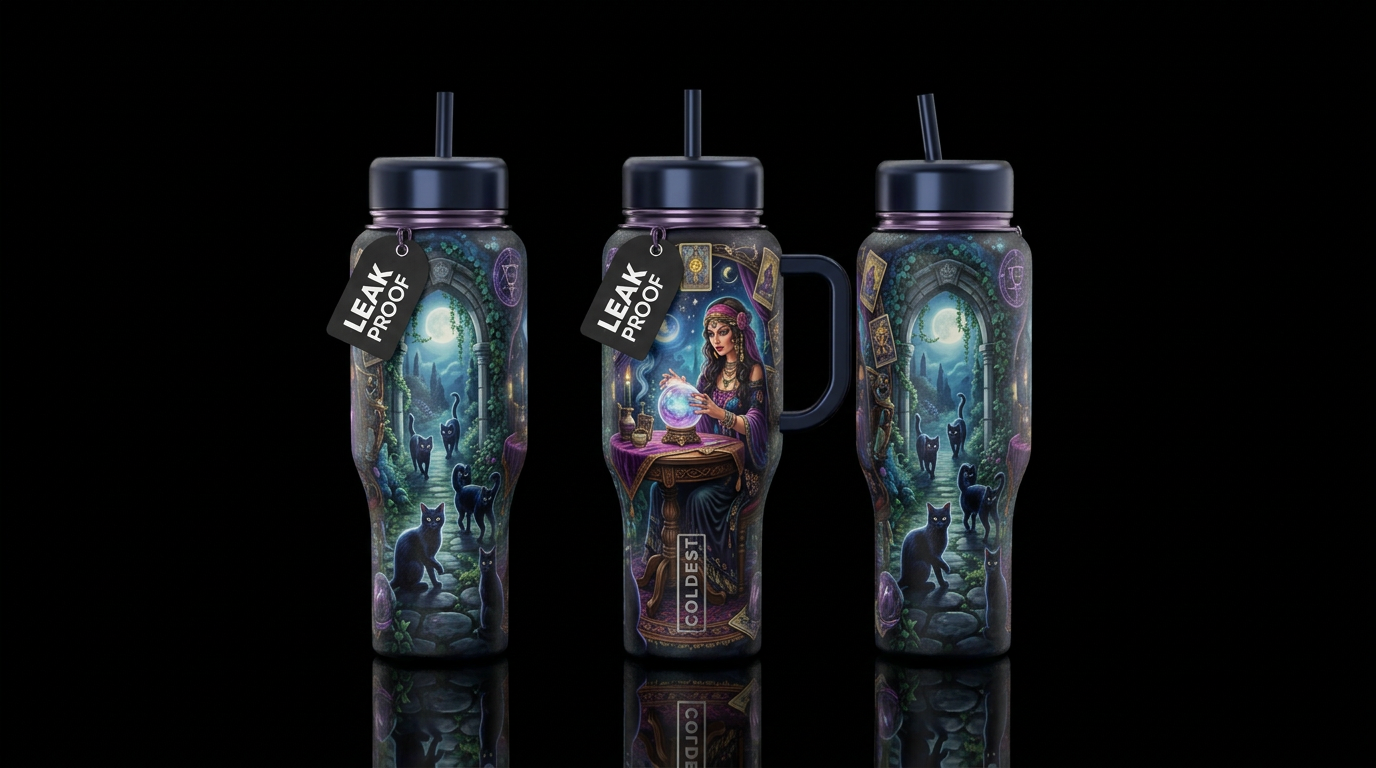 Black cats, gypsy, crystal ball, table, t, dark, g... water bottle design