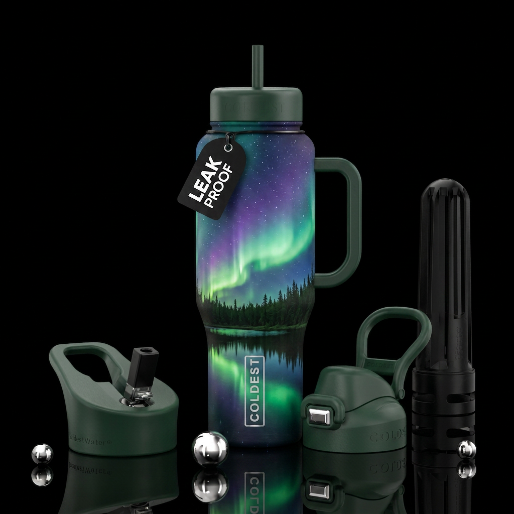 Northern lights over lake water bottle design