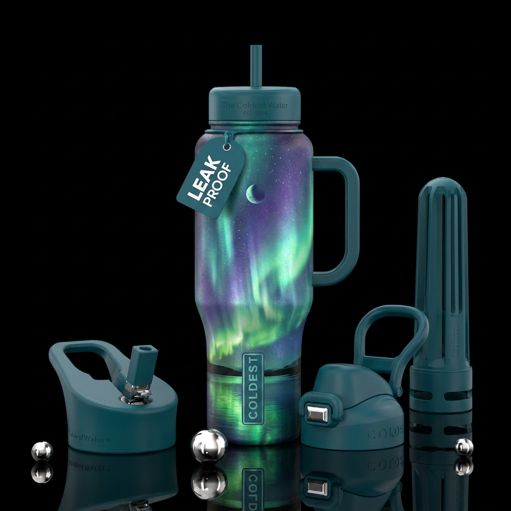 Glowie northern lights shimmering over lake with c... water bottle design