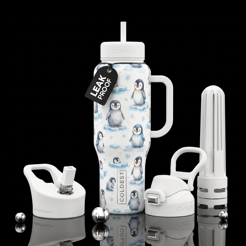 baby penguin's , cute, fun, winter water bottle design