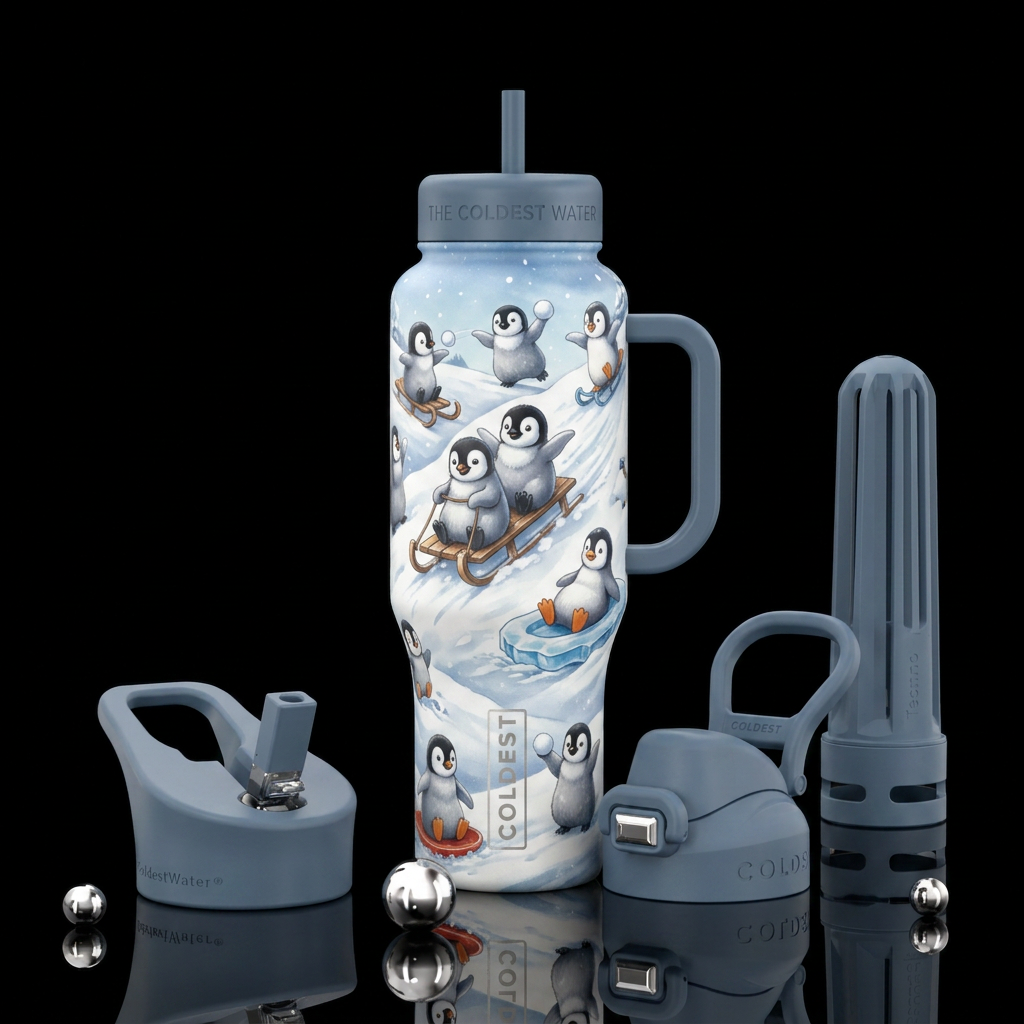 baby penguin's sledding, winter fun, snow water bottle design