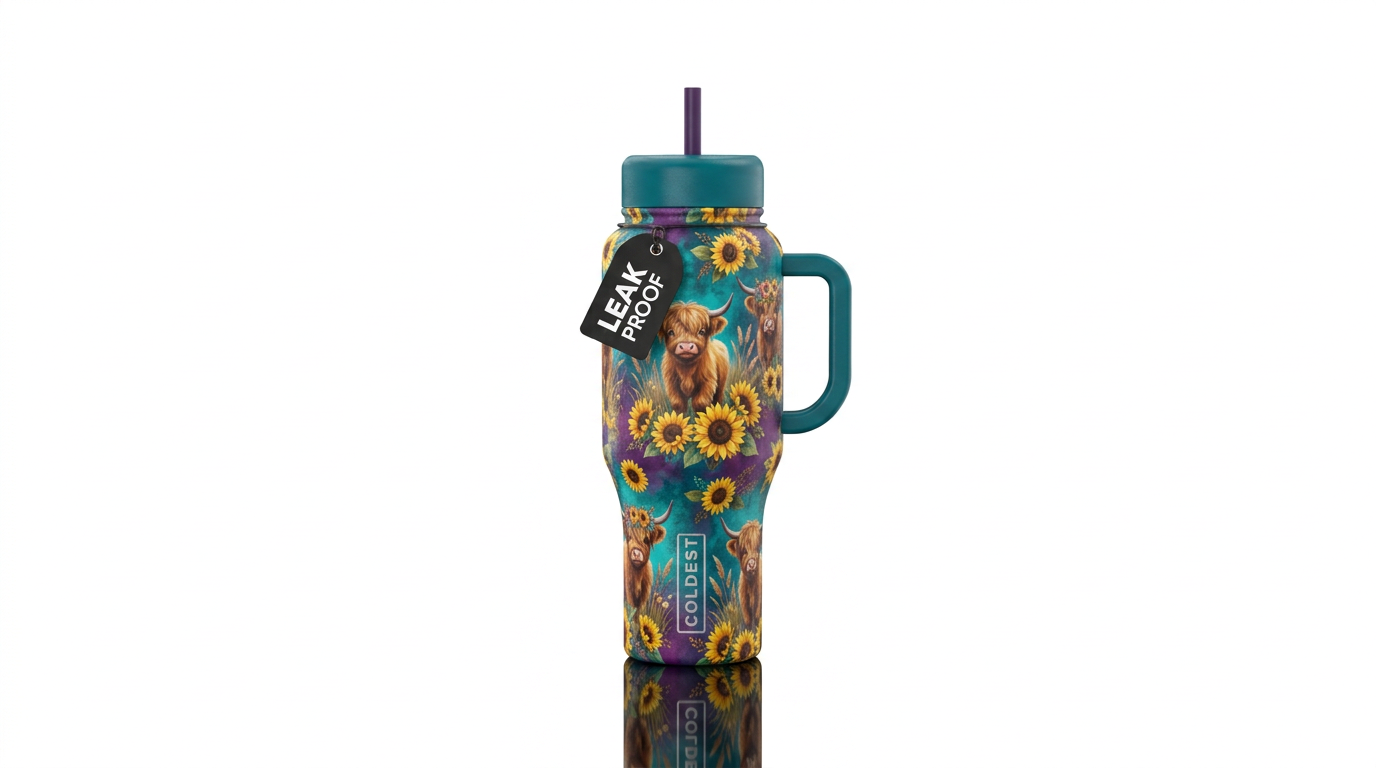 Baby highlands with sunflowers, turquoise and purp... water bottle design