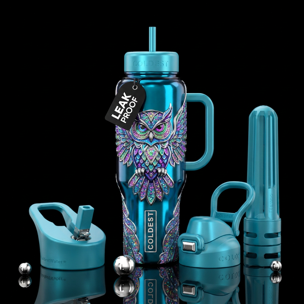Colorful owl, glitter, chrome, aqua, water bottle design