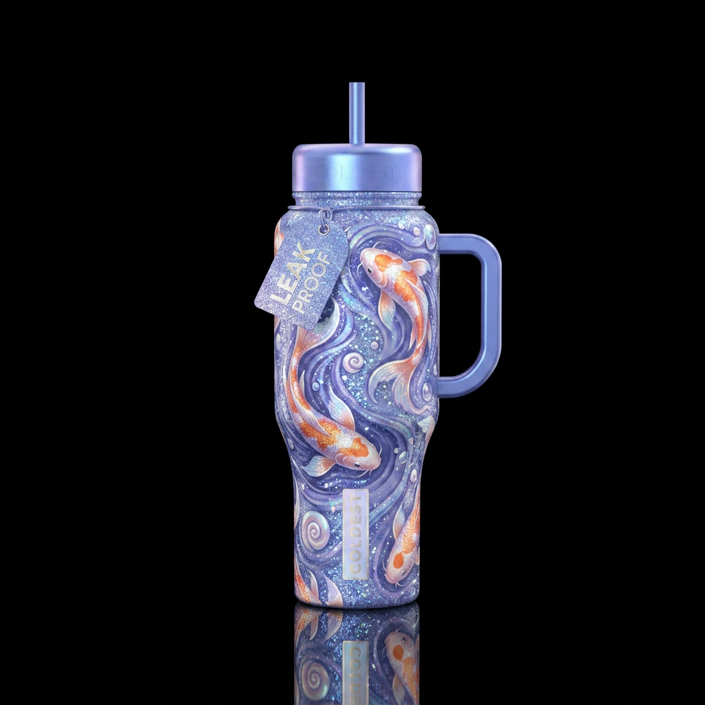 Koi fish,, periwinkle, sparkly, shiny, glowie, spi... water bottle design