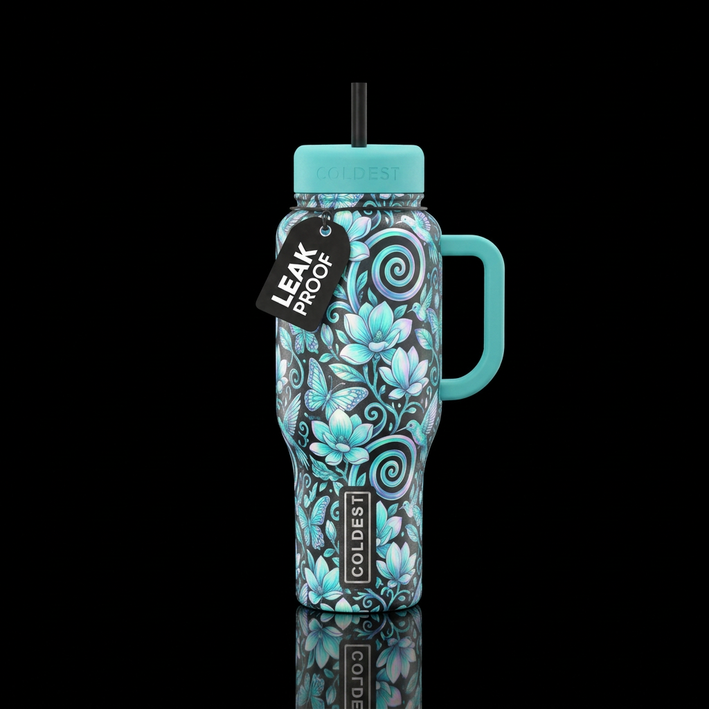 turquoise, magnolia, glowie, beautiul, spirals, bu... water bottle design