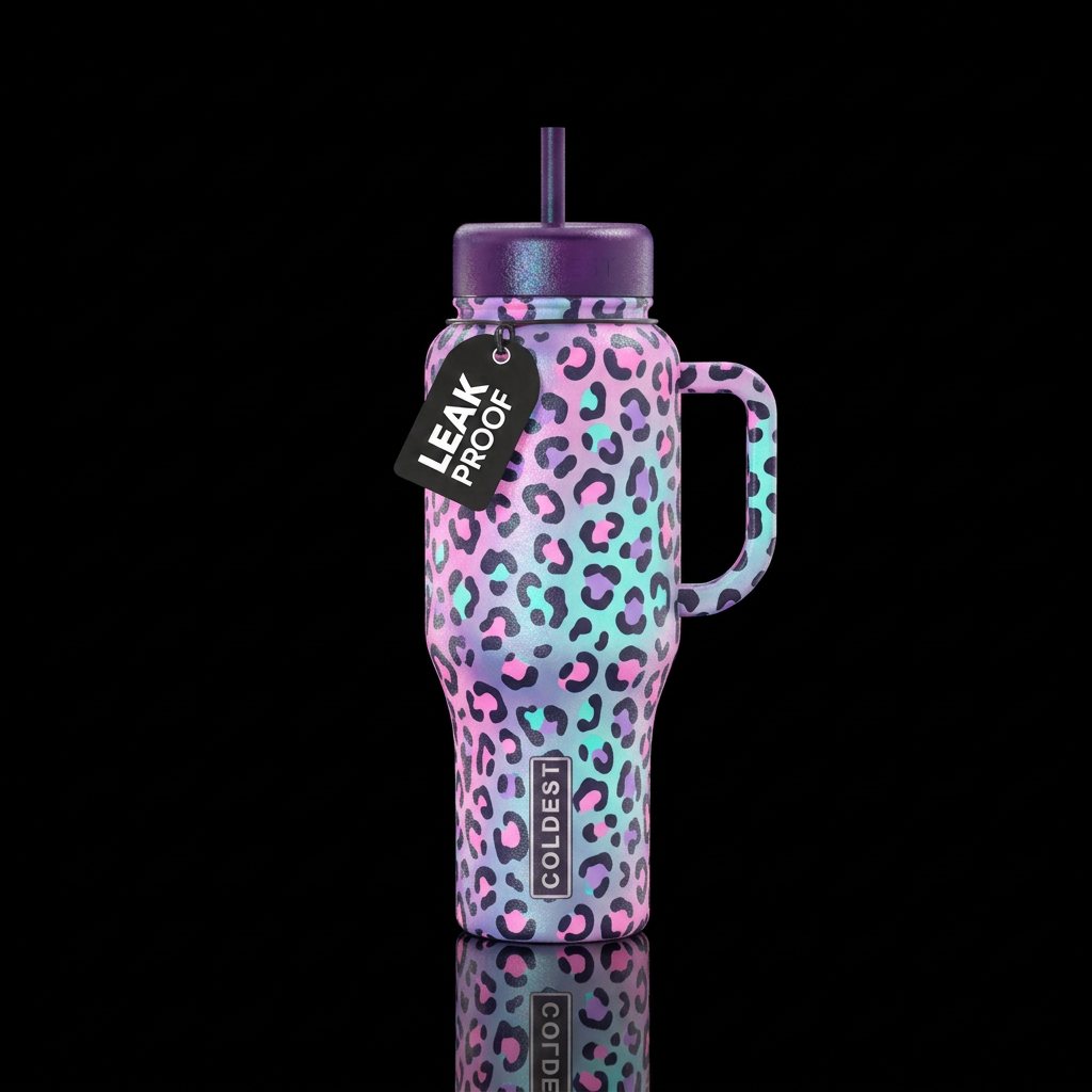 Pink, purple, turquoise, leopard print, glowie, water bottle design