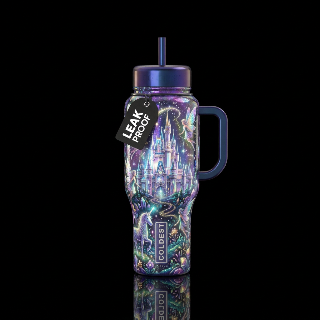 Magical, fairy tale, castle, fairies,, shiny, glow... water bottle design