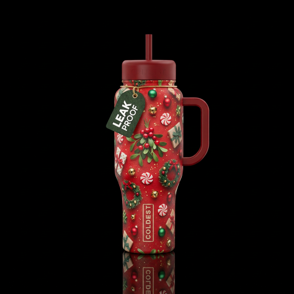 Christmas, mistletoe, peppermint candy, presents, ... water bottle design