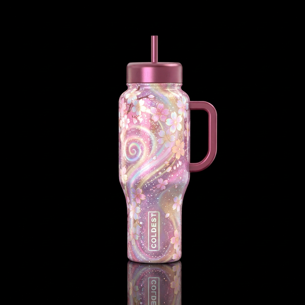 cherry blossom season, sparkly, shiny, glowie, spi... water bottle design