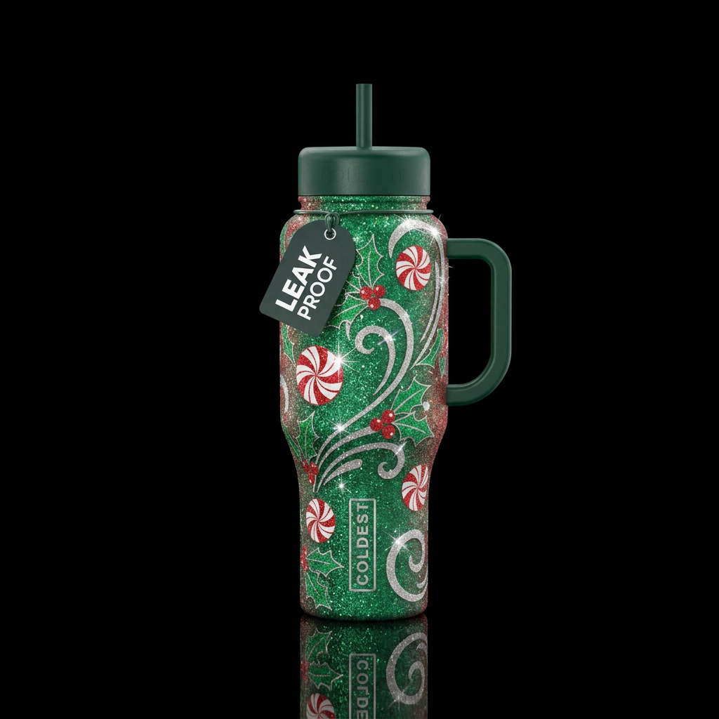 Christmas, Holly, peppermint candy, silver swirls,... water bottle design