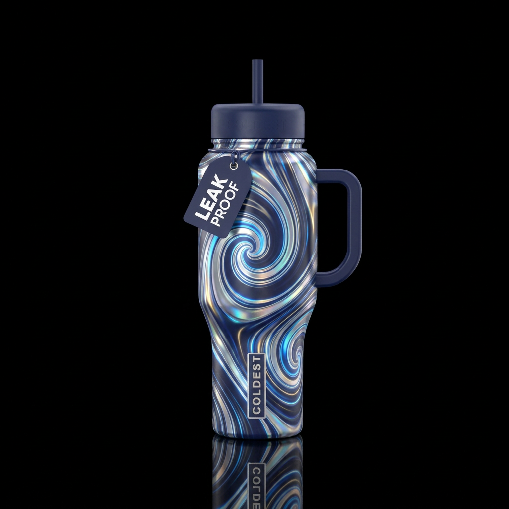 navy, silver, spiral, shiny,, glowie, whimsical, i... water bottle design