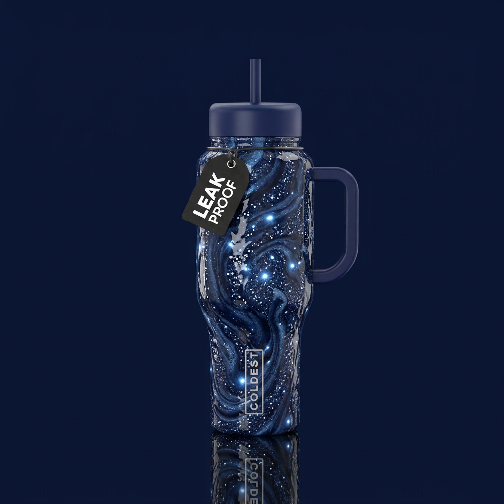 Navy, swirly, shiny, glowie, glittery water bottle design