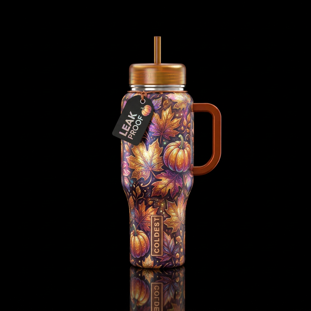 Autumn leaves, pumpkins, glowie, iridescent, spark... water bottle design