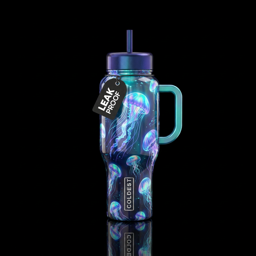 mesmerizing, jelly fish, ocean, glowie,, holograph... water bottle design