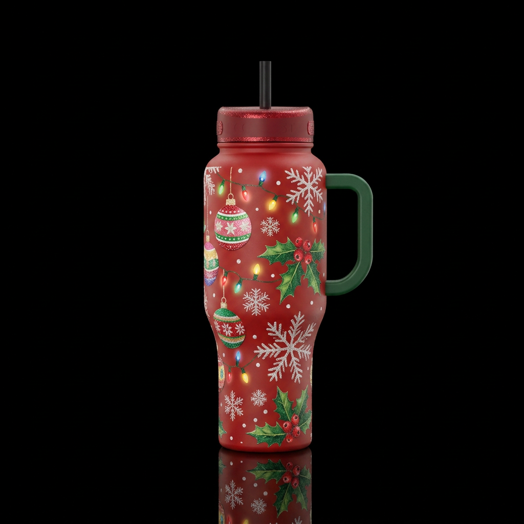 Christmas ornaments, Christmas lights, snowflakes,... water bottle design