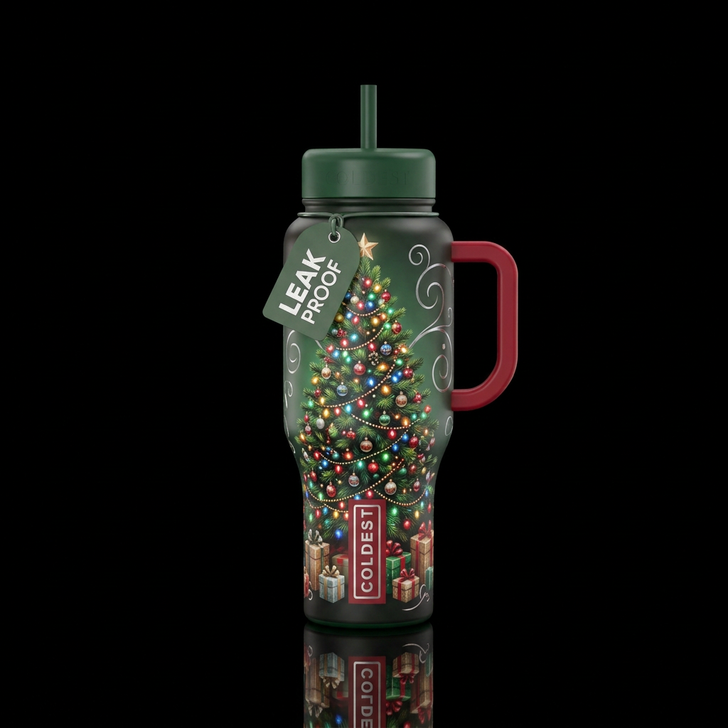 Christmas tree with ornaments and lights, gifts, m... water bottle design