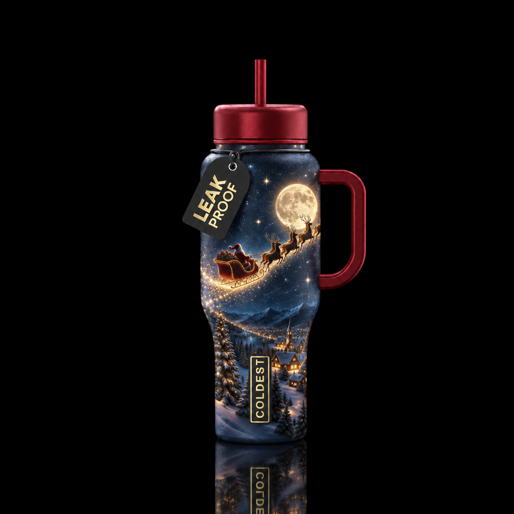 Santa's sleigh,, glowie, night,, magical, whimsica... water bottle design