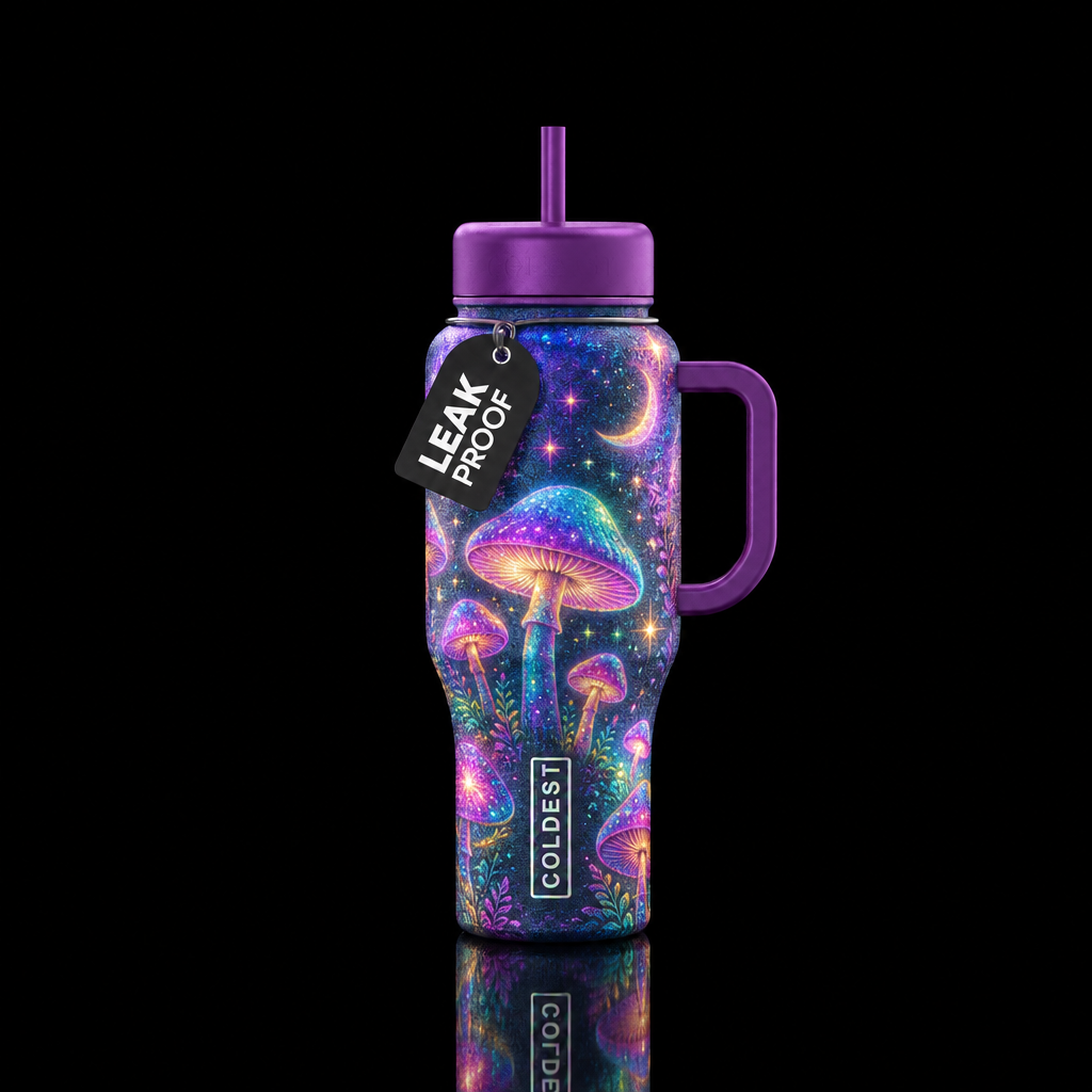 Multi colored, sparkly, glowie, mushroom, whimsica... water bottle design