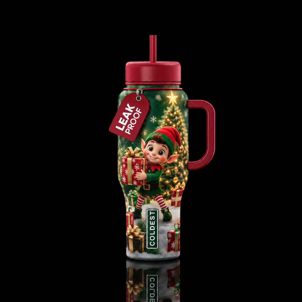 Christmas, elves, gifts, Christmas trees, glowie, water bottle design