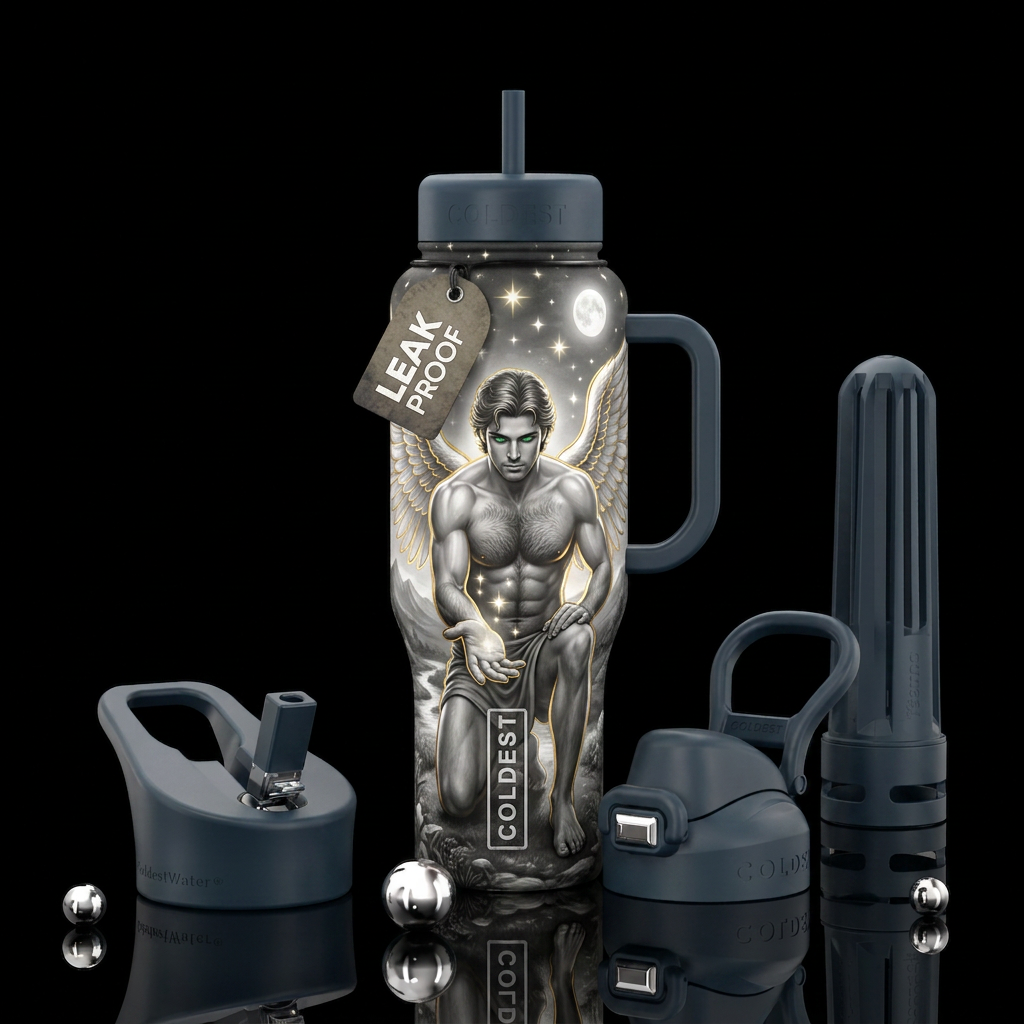 Very muscular make angel with hairy chest with bea... water bottle design