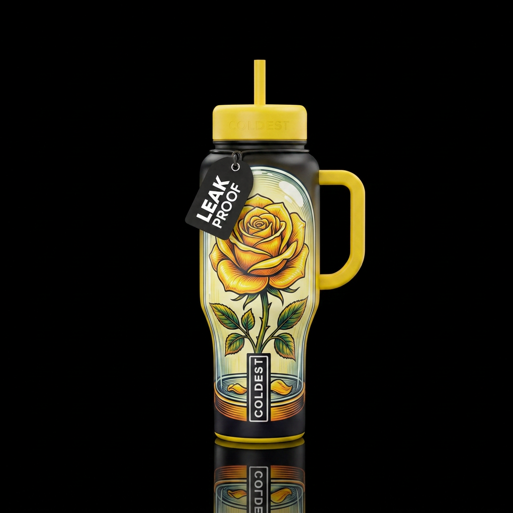 Yellow rosein a dome water bottle design