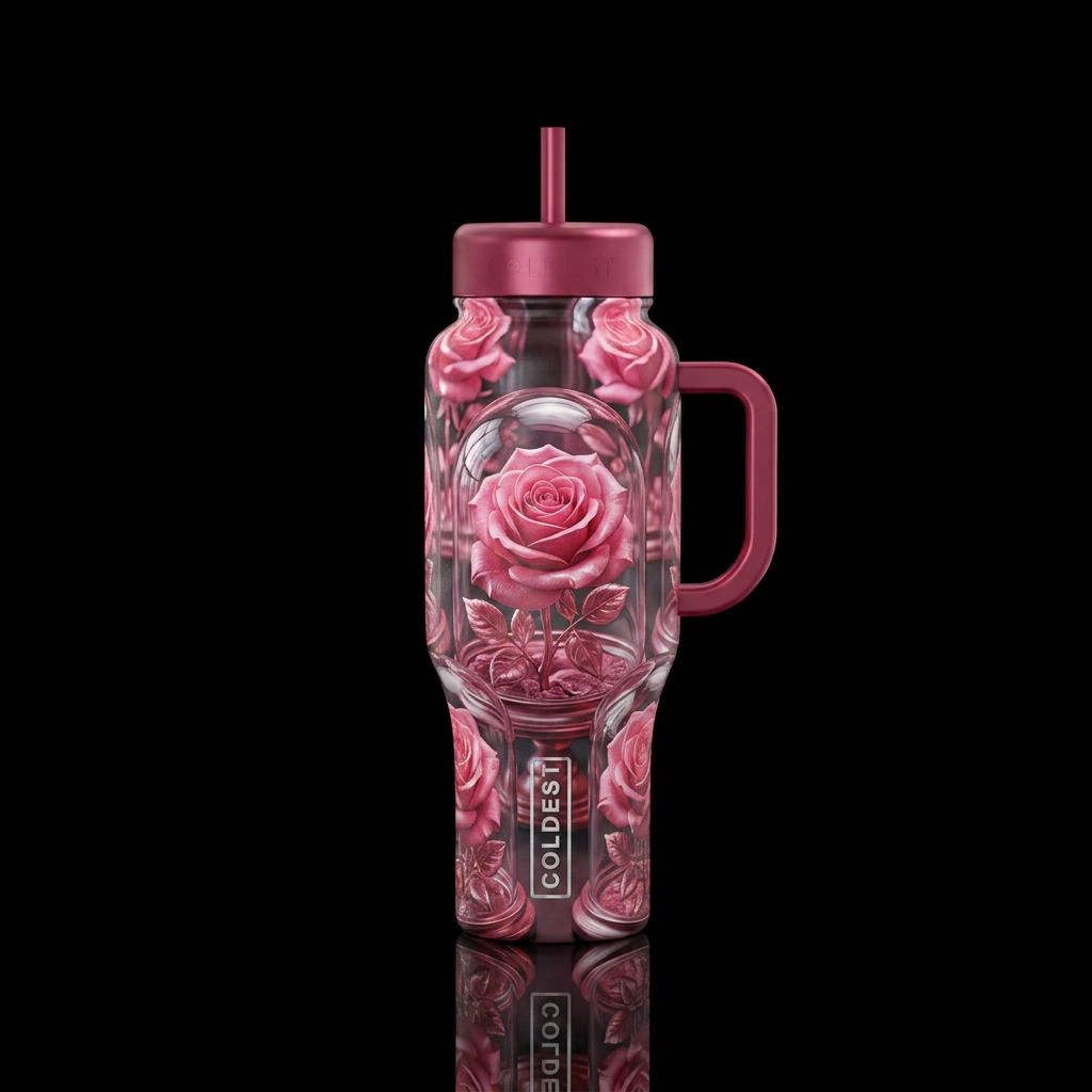 Pink rose in a dome water bottle design