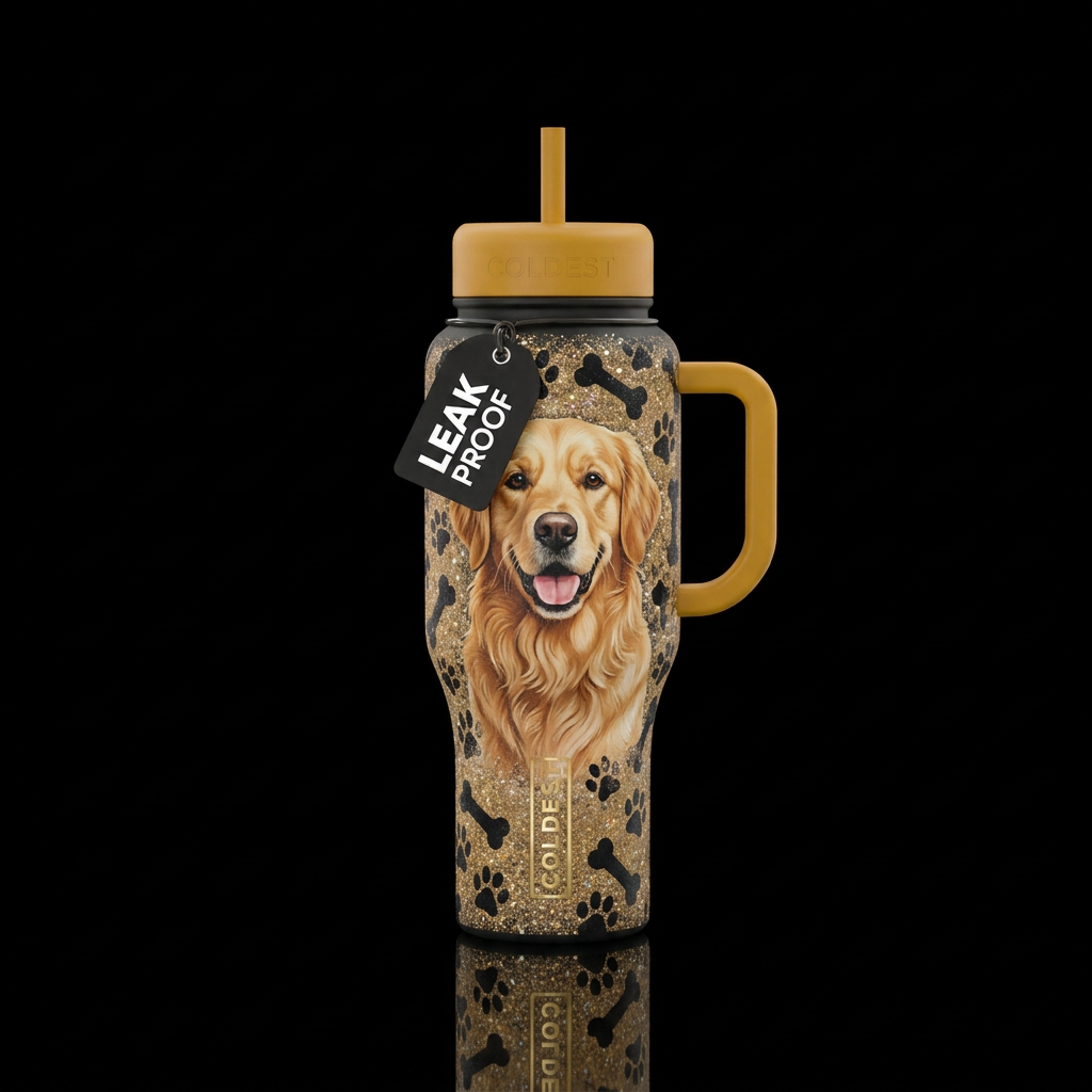 One Golden retriever, black bones, black pawprints... water bottle design