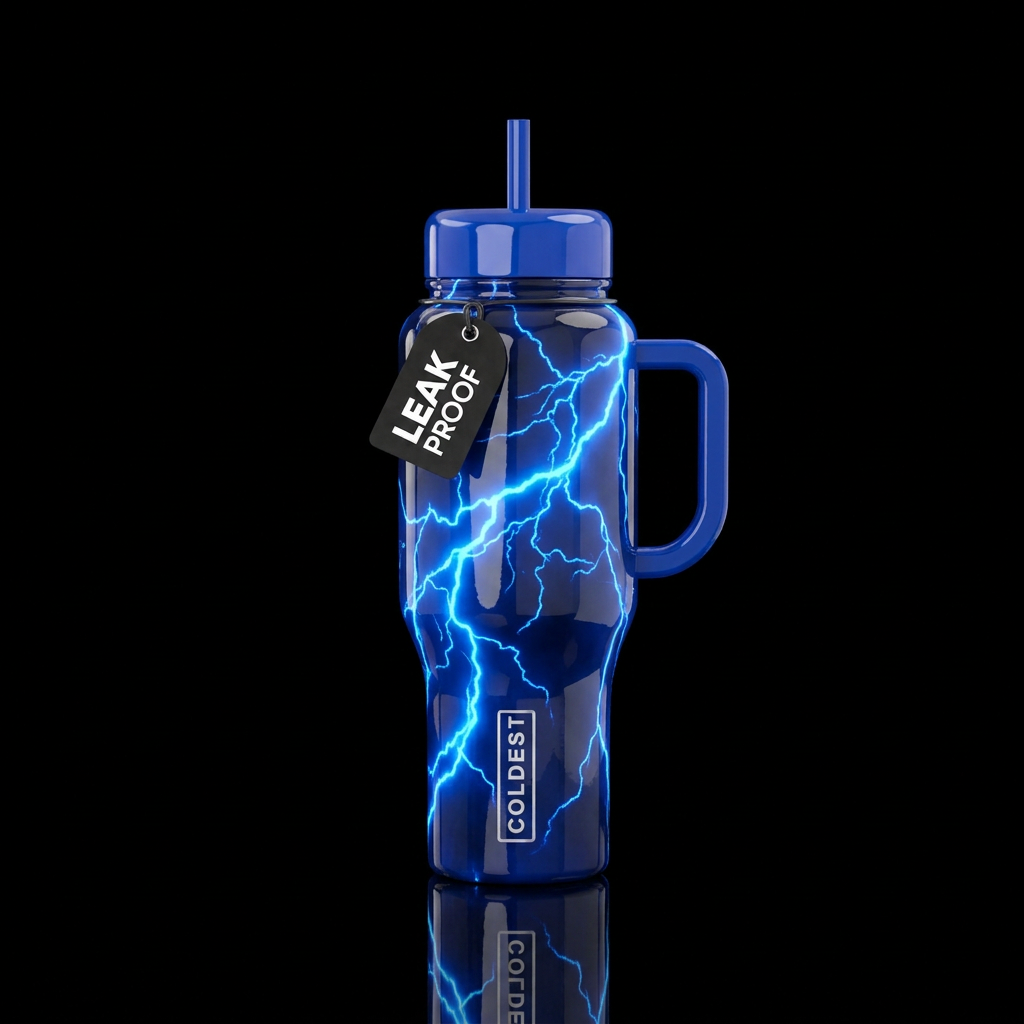 Glossy electric blue bright lightstrike water bottle design