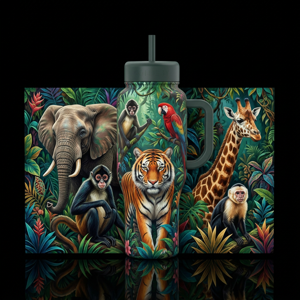 jungle elephant tiger spider monkey giraffe capuch... water bottle design