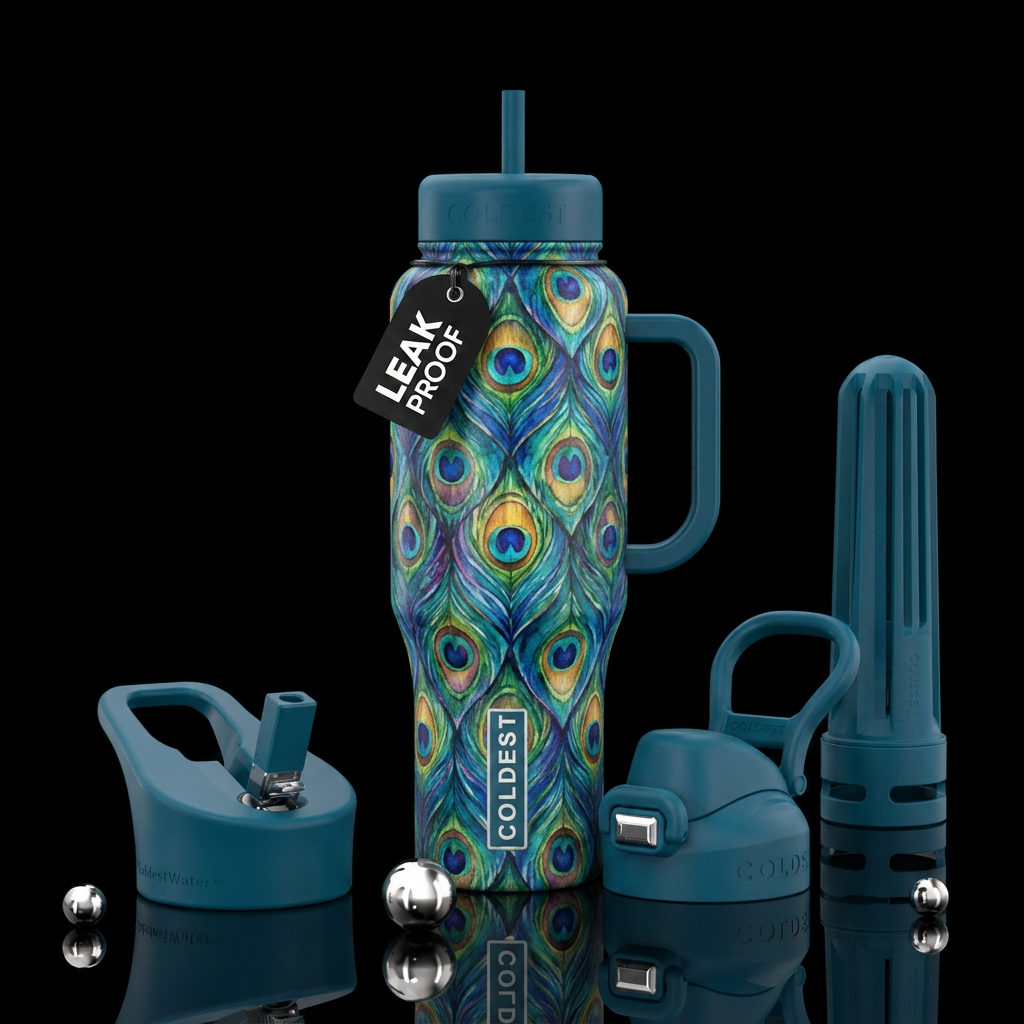 Create jewel toned peacock feathers in a dragon sc... water bottle design
