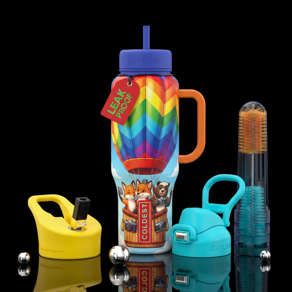 Create hot air balloon at to with basket at the bo... water bottle design