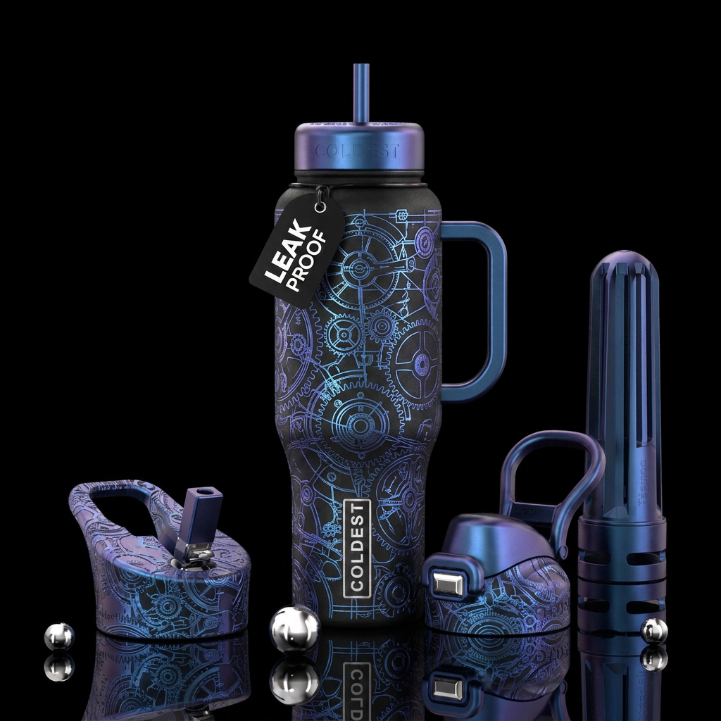 Gears and cogs black background holographic etched... water bottle design