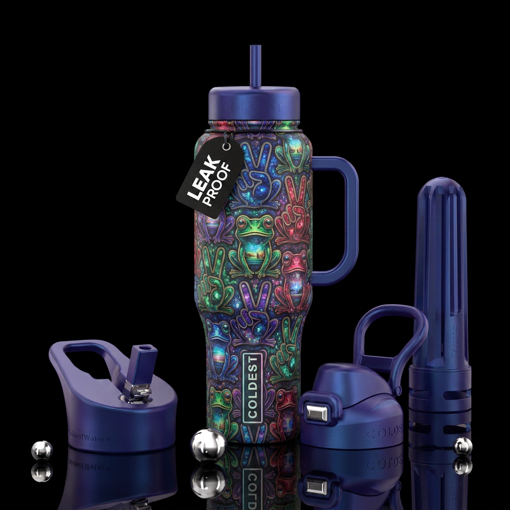 Wraparound design with the frog outline giving pea... water bottle design