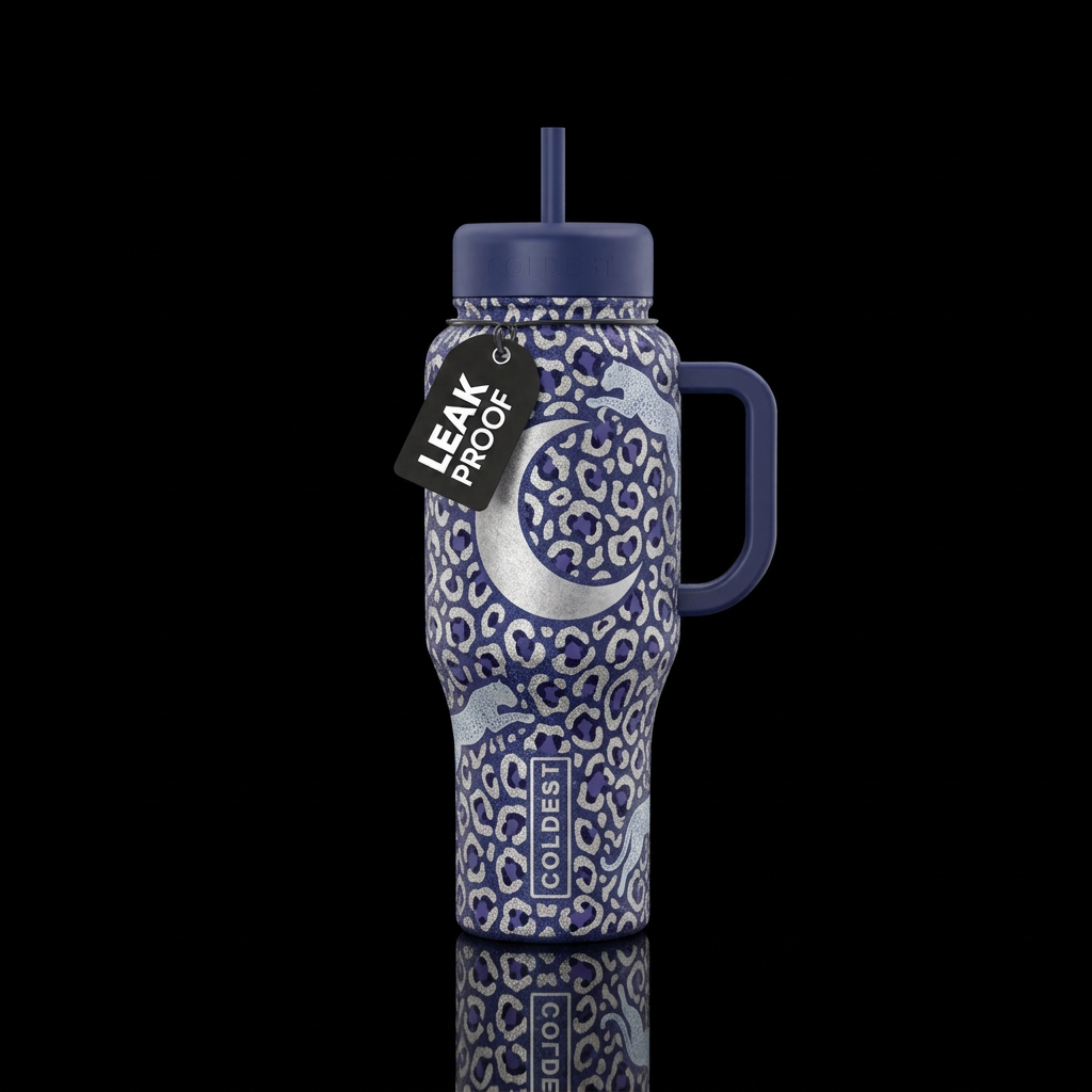 Silver moon and midnight leapards randomly around ... water bottle design