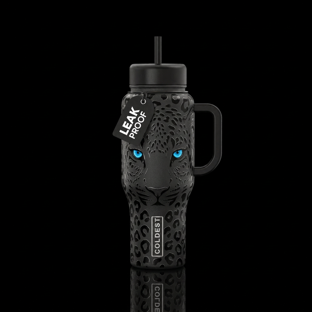 Soft black leopard with silver outline.  Leapard t... water bottle design