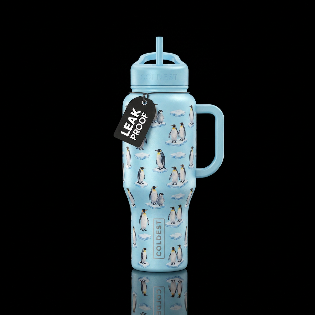 An icy blue bottle with penguins water bottle design