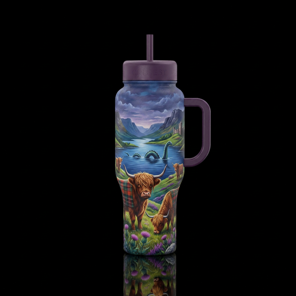 Scotland theme featuring highland cows and the Loc... water bottle design