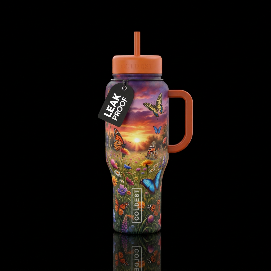 Vibrant butterflies in a meadow at sunset water bottle design