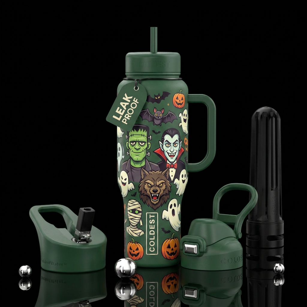Monster mash style Halloween, forest green bottle water bottle design