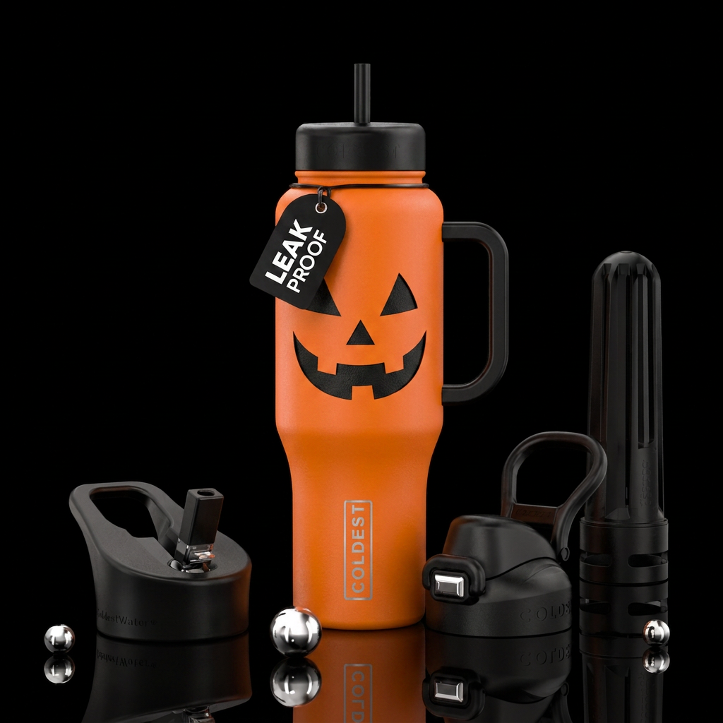 Halloween orange, jack-o'-lantern face water bottle design