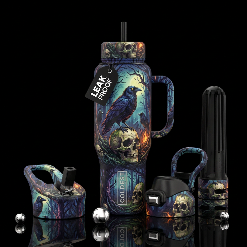 darkness, haunted, trees, raven standing on a skul... water bottle design