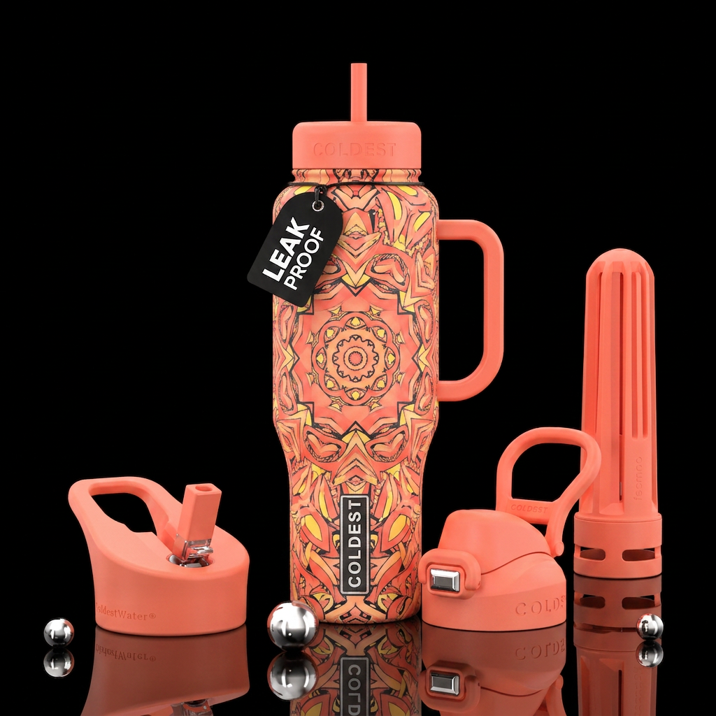 Kaleidoscope coral peach yellow water bottle design