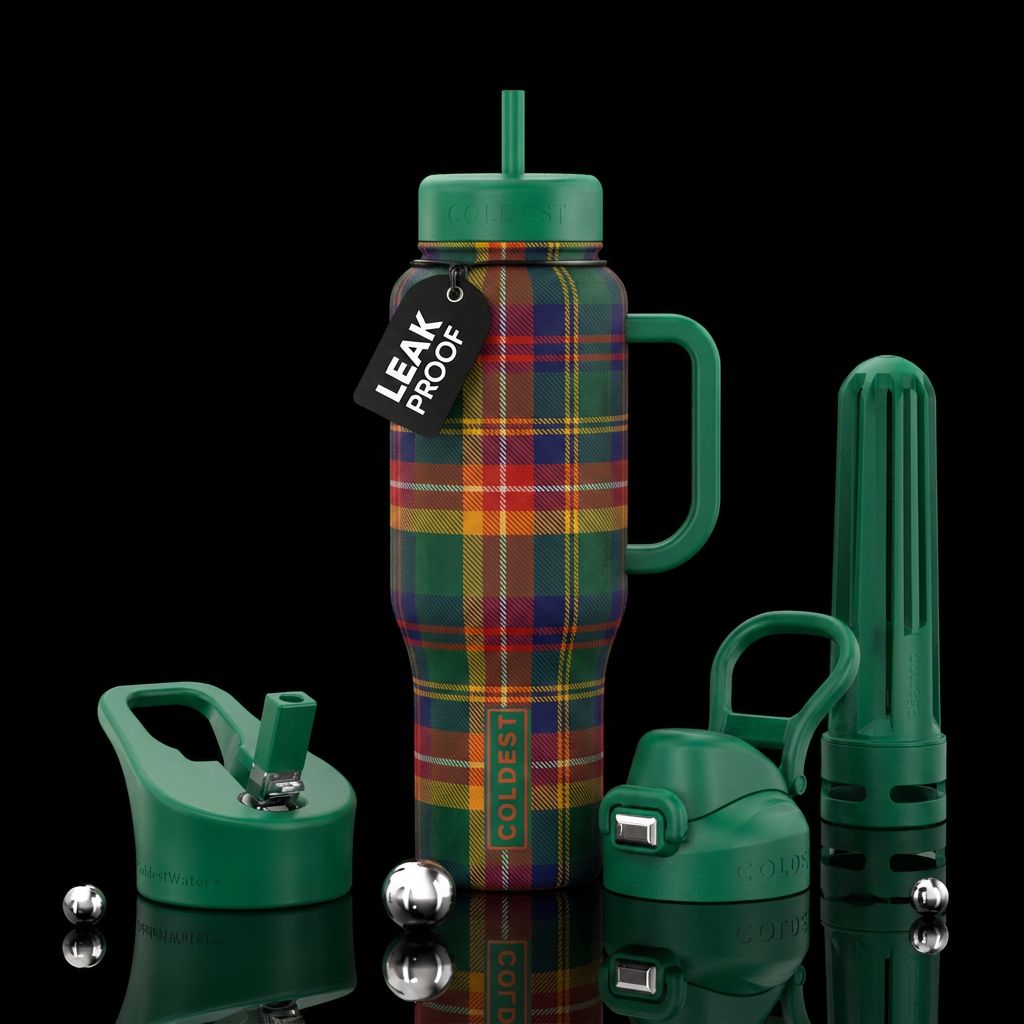 Old style plaid tumbler water bottle design