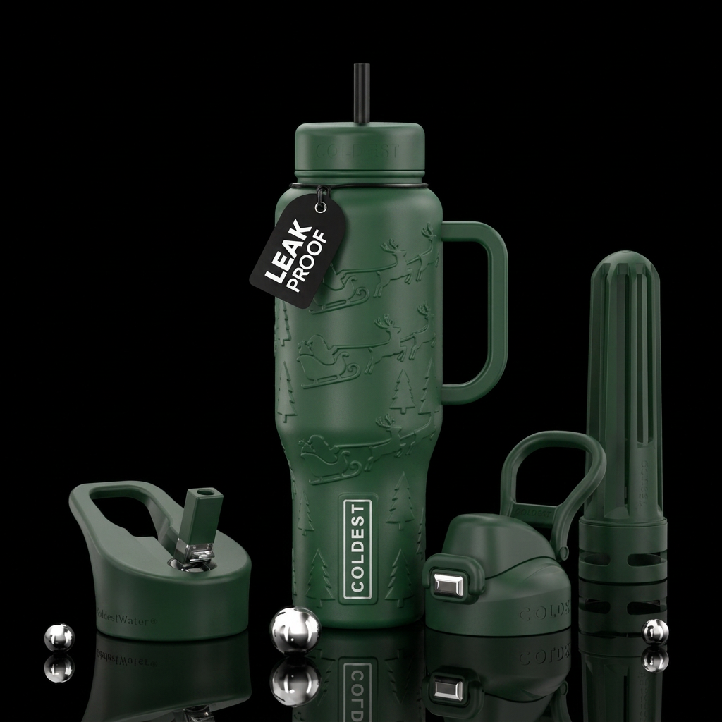 Blow mold Santa and reindeer, forest green water bottle design