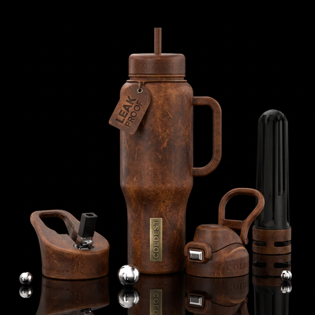 Old beaten leather water bottle design